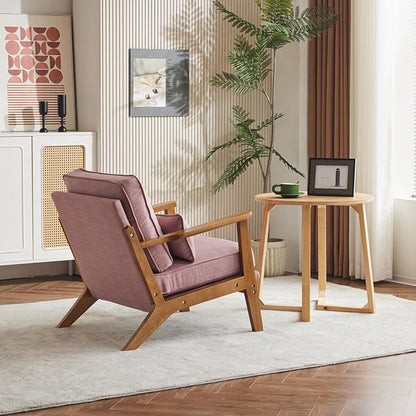 Karl home Mid-Century Lounge Accent Chair, Pink | Wide Curved Armrest, Linen Fabric, Lumbar Pillow Included, Solid Wood Frame, For Living Room, Bedroom, Balcony, Apartment