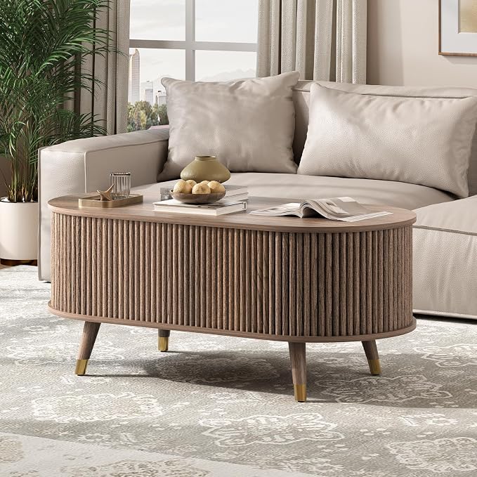 JOINICE 42.5" Oval Lift Top Coffee Table with Storage, Mid Century Modern Walnut Center Table with Fluted Design, Solid Wood Legs & Hidden Compartment, Pop Up Coffee Table for Living Room