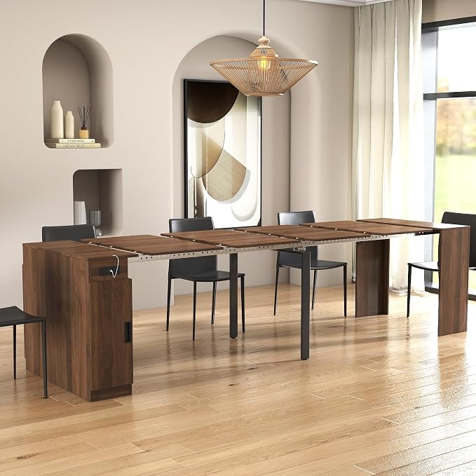 Extendable Dining Table with Built-in Power Outlet, 118” Expandable Dining Table for 11, Expandable Console Table with Storage Cabinet, Modern Transformer Table Walnut