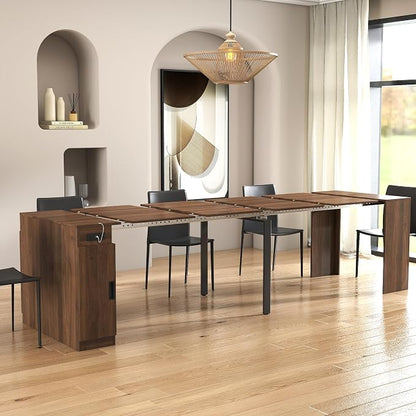 Extendable Dining Table with Built-in Power Outlet, 118” Expandable Dining Table for 11, Expandable Console Table with Storage Cabinet, Modern Transformer Table Walnut