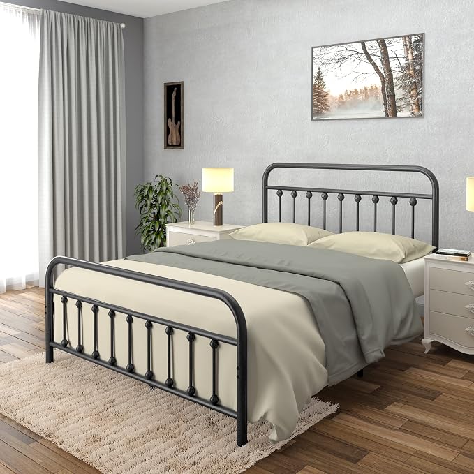 AMBEE21 Golden Gate Beds Vintage Style King Size Metal Bed Frame with Wrought Iron Headboard and Footboard – Classic Platform Bed with 11" Storage Space, No Box Spring Required, Black Finish