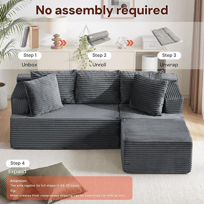 Korser Boneless Couches for Living Room, Cloud Couch Sectional with Ottoman, L-Shaped Sofa with Fluffy Comfy Corduroy Deep Seat, Bedroom, Apartment, No Assembly Required
