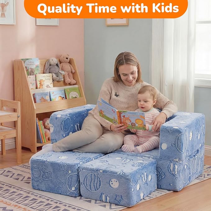 MeMoreCool Modular Kids Sofa, Glow in The Dark Space Kids Play Couch Sofa, Blue Fold-Out Foam Lounger Chair for Girls and Boys, Bedroom and Playroom