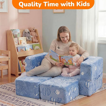 MeMoreCool Modular Kids Sofa, Glow in The Dark Space Kids Play Couch Sofa, Blue Fold-Out Foam Lounger Chair for Girls and Boys, Bedroom and Playroom