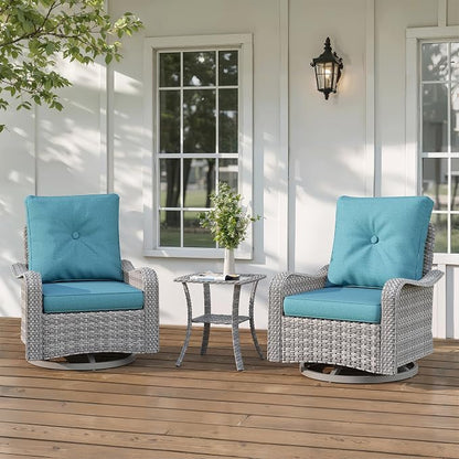 3-Piece Patio Furniture Set, Outdoor Swivel Rocking Chairs with 4" Thick Cushions & Side Table, All-Weather PE Rattan & Rust-Resistant Steel Frame Conversation Set for Porch, Backyard, Turquoise