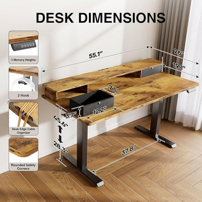 Veken 55x26 in Electric Standing Desk with Drawers, Adjustable Table, Brown | Stand up Computer Desk for Home Office, Work & Study, with Storage, 3 Memory Presets, Cable Organizer, Hook, and Quiet Lift.