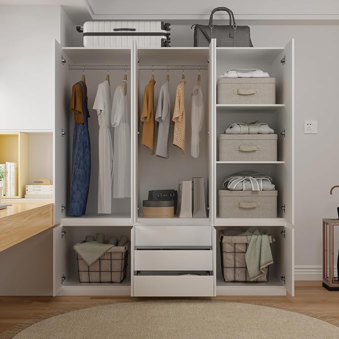 Mekminop Large Armoire Wardrobe Closet with Drawers and Shelves, White Bedroom Armoires with 6 Doors 2 Hanging Rods, Wooden Freestanding Wardrobe Armoire for Bedroom Organizer，23.6"D x 70.8"W x 77.8"H