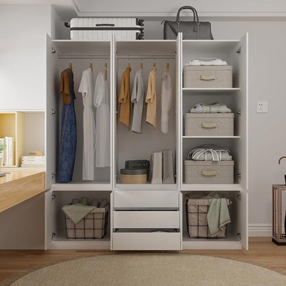 Mekminop Large Armoire Wardrobe Closet with Drawers and Shelves, White Bedroom Armoires with 6 Doors 2 Hanging Rods, Wooden Freestanding Wardrobe Armoire for Bedroom Organizer，23.6"D x 70.8"W x 77.8"H