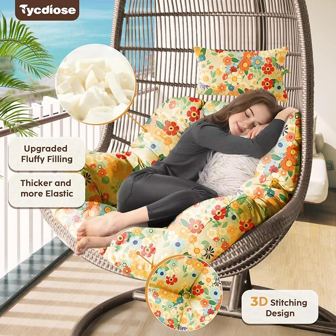 Outdoor Hanging Egg Chair Cushion Replacement, Thicken Egg Chair Cushion Waterproof Basket Eggs Chairs Cushion with Headrest Pillow, U-Shaped Cushions for Hanging Eggs Chairs Swing (Daisy)