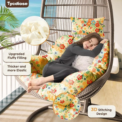 Outdoor Hanging Egg Chair Cushion Replacement, Thicken Egg Chair Cushion Waterproof Basket Eggs Chairs Cushion with Headrest Pillow, U-Shaped Cushions for Hanging Eggs Chairs Swing (Daisy)