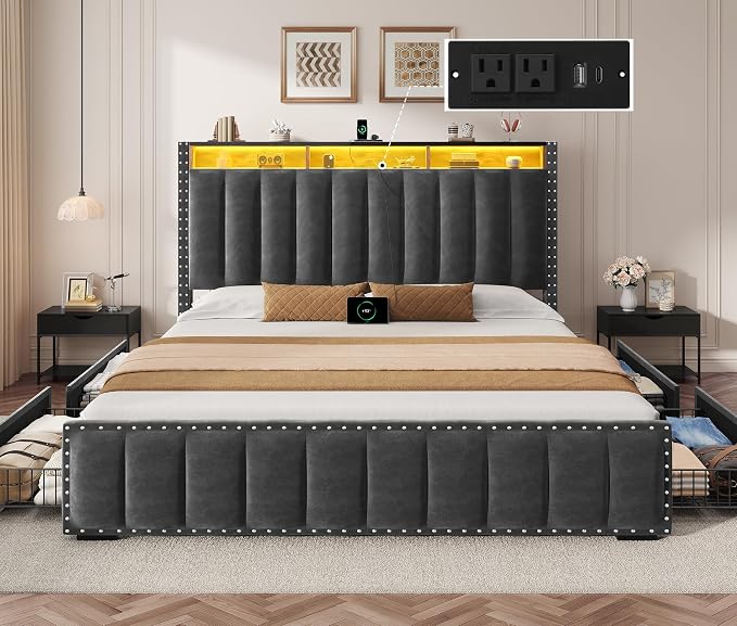 YITAHOME Queen Size Bed Frame with 4 Storage Drawers and RGB LED Lights, Velvet Upholstered Platform Bed with Charging Station and Bookcase Storage Headboard, No Box Spring Needed, Dark Grey