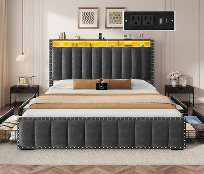 YITAHOME Queen Size Bed Frame with 4 Storage Drawers and RGB LED Lights, Velvet Upholstered Platform Bed with Charging Station and Bookcase Storage Headboard, No Box Spring Needed, Dark Grey