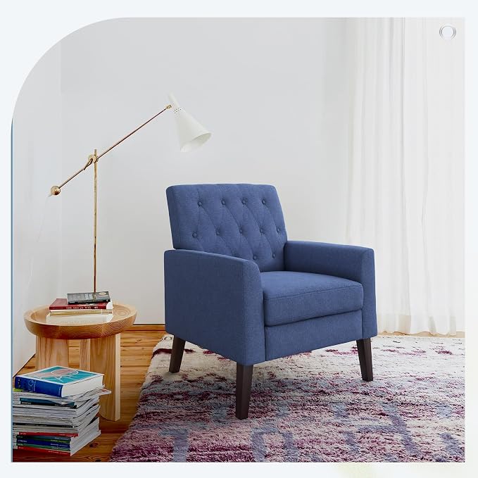 LUE BONA Navy Blue Linen Accent Chair 18.5" H, Button Tufted Armchair, Comfy Living Room Chair with Arms, Upholstered Modern Arm Chairs for Bedroom, Living Room