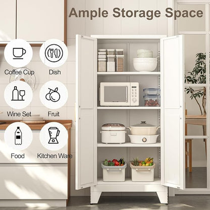 Baborokic 61H Metal Storage Cabinet with 2 Doors and Adjustable Shelves,Farmhouse Storage Cabinet with Barn Doors,Pantry Storage for Home,Office,Bathroom,Dining Room,Kitchen(White)