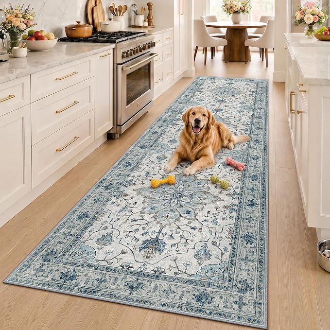 RELEANY Area Rugs Runner 3'x10' Washable Non-Slip, Floral Vintage Distress Medallion Carpet for Kitchen Hallway Bedroom Beside Laundry Room Bathroom, Light Blue Navy Gray White