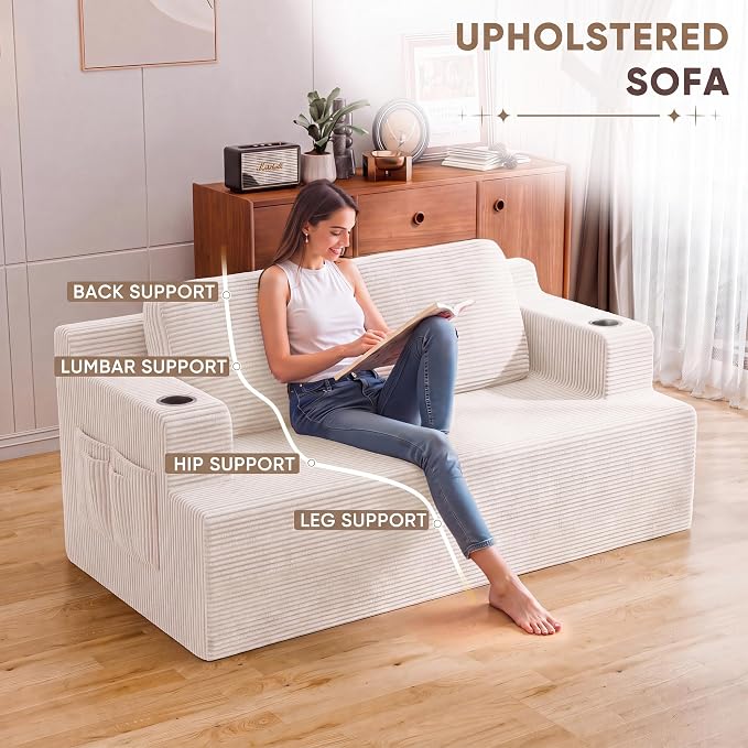 Homall 67” Cloud Couch Sofa 2 Seater Comfy Upholstered Loveseat Floor Sofa with High Density Memory Foam, No Assembly Required, Boneless Couch for Bedroom Living Room (White, Loveseat)