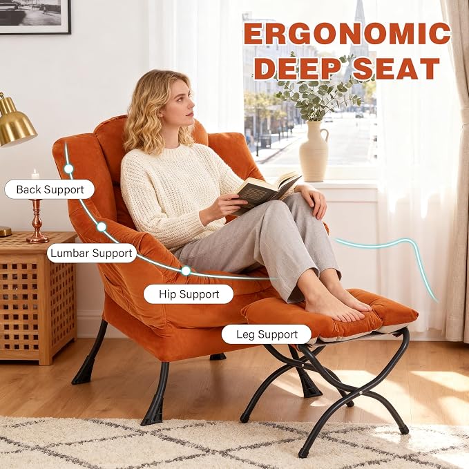 Lazy Chair with Ottoman, Modern Accent Chair Contemporary Sofa Chair with Armrests, Reading Chair and Folding Footstool Set for Living Room, Bedroom, Orange