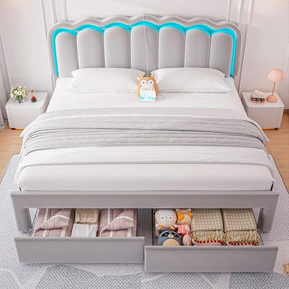 King Upholstered LED Bed Frame with 2 Storage Drawers and Adjustable Chic Double Wavy Headboard, Velvet Princess Platform Bed with Charing Station, Solid Wood Slats Support, No Box Spring Needed, Grey