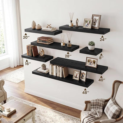 RICHFOCUS 20Inch Floating Shelves for Wall 2 Pack Shelves for Bedroom|Kitchen|Bathroom|Laundry Room Rustic Wood Wall Mounted Shelf with Invisible Brackets for Books|Storage|Decor, Black