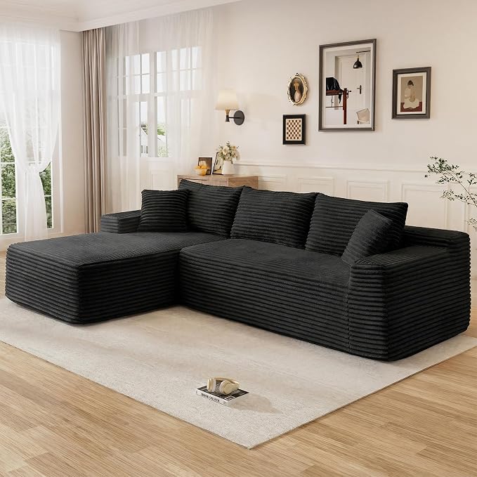 96" L Shaped Cloud Boneless Sectional Couches for Living Room, Modern Comfy Modular Deep Seat Memory Foam Compressed Corduroy Sofa Oversized Left Facing Chaise, No Assembly Required, Balck