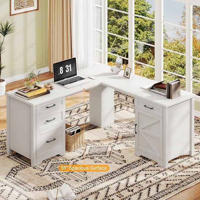 Halitaa 59" L Shaped Executive Desk, Farmhouse Home Office Desk with File Drawer,Storage Cabinet, Wood Corner Sturdy Writing Workstation.Cream White