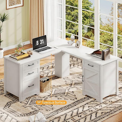 Halitaa 59" L Shaped Executive Desk, Farmhouse Home Office Desk with File Drawer,Storage Cabinet, Wood Corner Sturdy Writing Workstation.Cream White