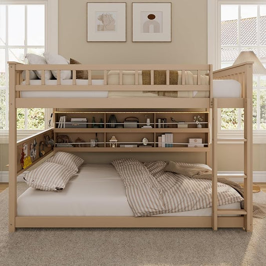 Full Over Full Bunk Bed, Wood Bunk Bed with Integrated Shelving, Color-Changing Lights and Pegboard for Kids Teens Adults, Beige