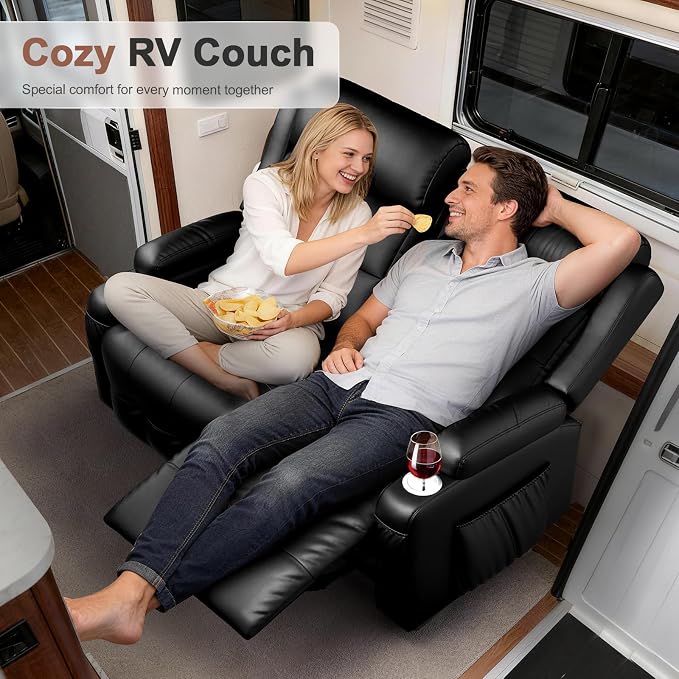 Reclining Loveseat, 55.1" RV PU Leather Wall Hugger Recliner Love Seats Sofa with Charging Station, Removable Armrest, Cup Holder, Double Recliners Couch, Manual Love Seat for Living Room