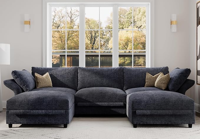 DreamDashio 126" U Shaped Sectional Sofa with Storage Seat, Adjustable Arms & High Back, Oversized Modular Sectional Cloud Couches for Living Room, 5 Seater, Dark Grey Chenille