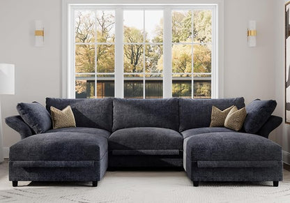 DreamDashio 126" U Shaped Sectional Sofa with Storage Seat, Adjustable Arms & High Back, Oversized Modular Sectional Cloud Couches for Living Room, 5 Seater, Dark Grey Chenille