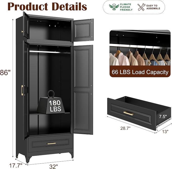 SteeLoong 86" Metal Armoire Wardrobe Closet with Drawers,Tall Clothing Storage Cabinet with Adjustable Shelves and Hanging Rod,Black Wardrobe Closet for Bedroom,Home,Bathroom,Gym