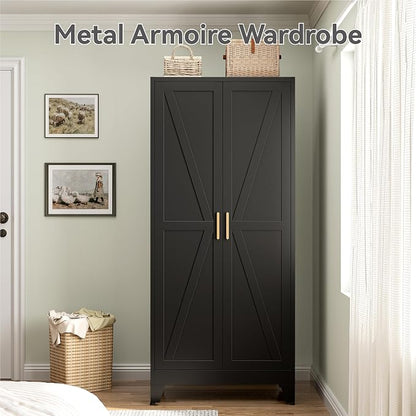 Metal Wardrobe Closet with Doors and Shelves, 71" Farmhouse Bedroom Armoire with Hanger Rod and Clothing Shelf, Black Metal Closet Cabinet for Garage, Office, Laundry Room