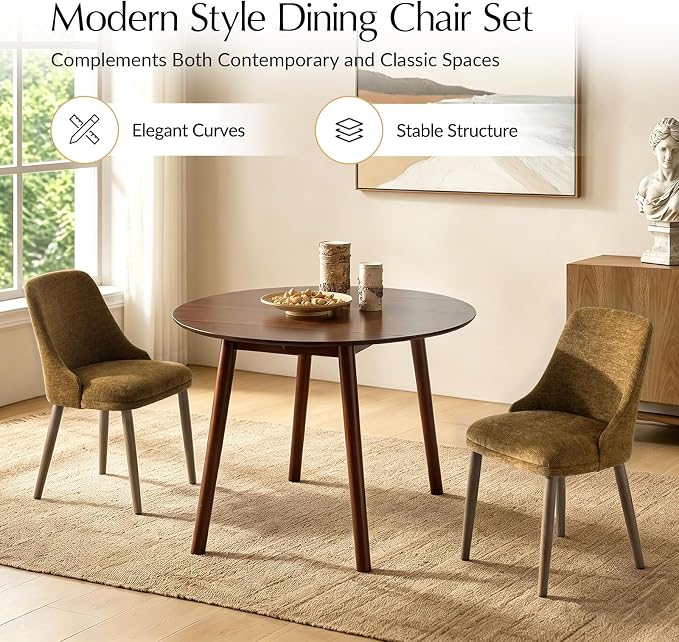 Upholstered Dining Chairs Set of 2, Fabric Dining Room Chairs with Curved Backrest, Solid Wood Legs, Modern Kitchen Chairs for Dining Room Living Room, Golden