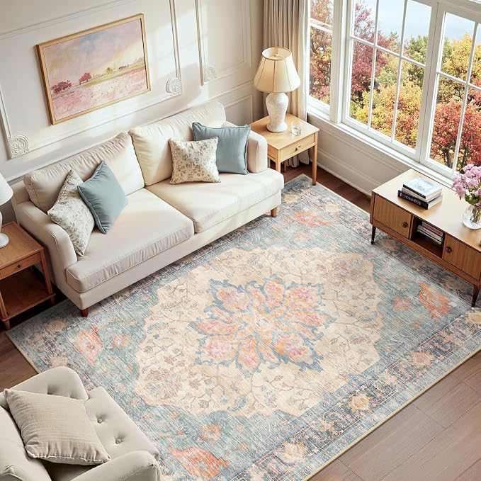RELEANY Area Rugs 6'x9' Washable Non-Slip, Floral Vintage Distress Medallion Carpet for Living Room Bedroom Dining Room, Blue Orange Red