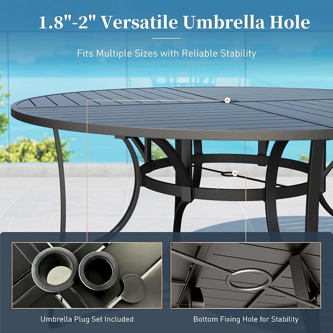 Patio Dining Set 9 Piece, 8 x Woven Rattan Chairs with Waterproof Cushion, 67" Round Metal Dining Table with Umbrella Hole, Outdoor Table and Chairs Set for Backyard Lawn and Deck, Beige