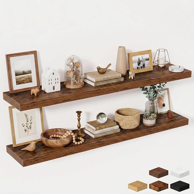 Fun Memories 55 Inch Fireplace Mantel Shelf, 10 Inch Deep Shelves for Display & Wall Storage, Rustic Wood Wall Shelf, Extra Long Floating Shelves for Living Room Laundry Room, Rustic Brown, Set of 2