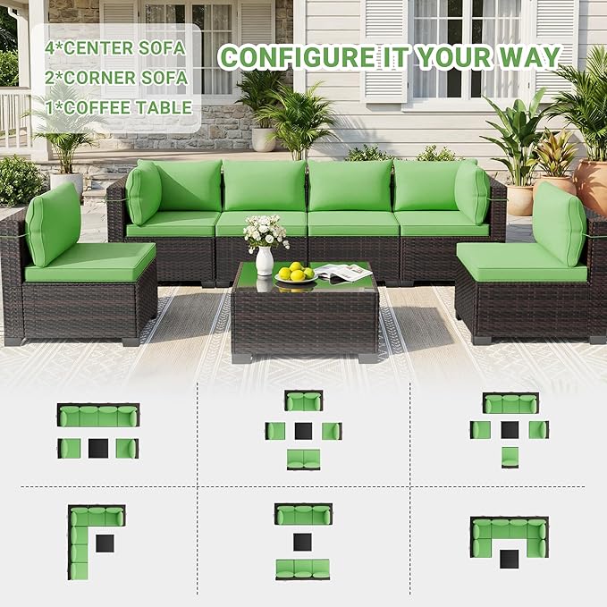 LAWELL 7 Pieces Outdoor Patio Furniture Sets,Rattan Conversation Sectional Set,Manual Weaving Wicker Patio Sofa with Tea Table