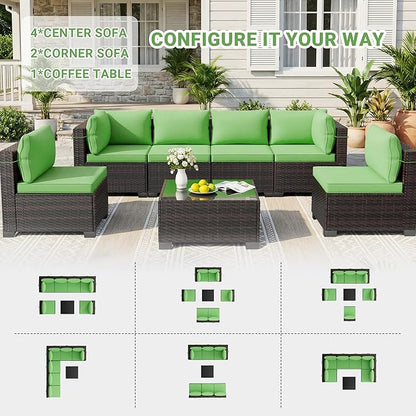 LAWELL 7 Pieces Outdoor Patio Furniture Sets,Rattan Conversation Sectional Set,Manual Weaving Wicker Patio Sofa with Tea Table