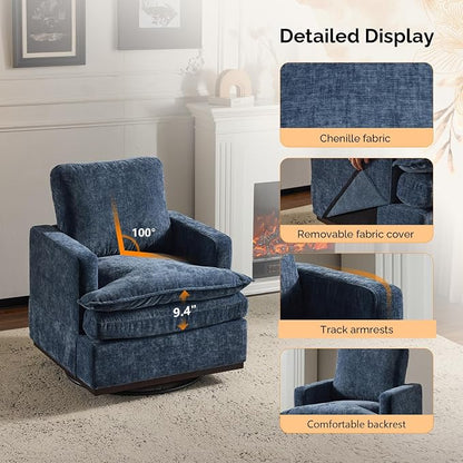VINGLI 360°Swivel Mid-Century Modern Accent Armchairs Set of 2 with Double-Layer Seat Cushions, Comfy Single Square Sofa, Upholstered Club Chairs for Living Room,Bedroom, Reading Room, Chenille Blue