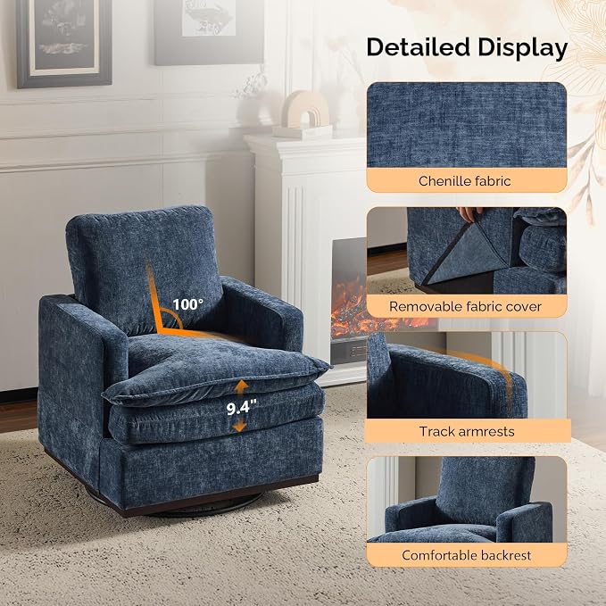 VINGLI 360° Swivel Mid-Century Modern Accent Armchair with Double-Layer Seat Cushions, Comfy Single Square Sofa, Upholstered Club Chair for Living Room,Bedroom, Reading Room, Chenille Blue