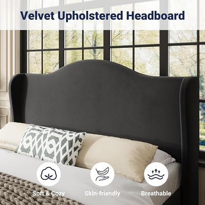 Allewie Queen Size Bed Frame, Upholstered Wingback Platform with 47" Tall Tufted Headboard, Plush Velvet Fabric, Modern Minimalist Design, No Box Spring Required, Tool-Free Assembly, Black