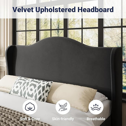 Allewie Full Size Bed Frame, Upholstered Wingback Platform with 47" Tall Tufted Headboard, Plush Velvet Fabric, Modern Minimalist Design, No Box Spring Required, Tool-Free Assembly, Black
