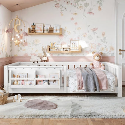 Bellemave Twin Floor Bed with Guardrail and Slats, Twin Size Montessori Floor Bed with Bookshelf and Fence, Easy Assemble Montessori Beds Frame for Girls, Boys, White