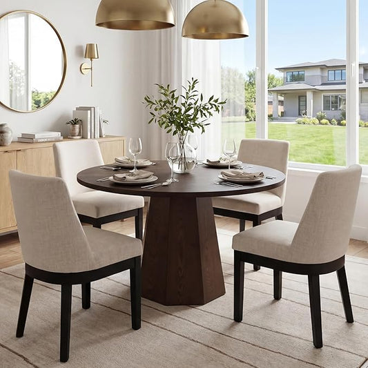RIVOVA Upholstered Dining Chairs Set of 4, Modern Wooden Dining Room Chair Linen Fabric Kitchen Chairs Farmhouse Dinner Chair with Black Hardwood Frame, Beige