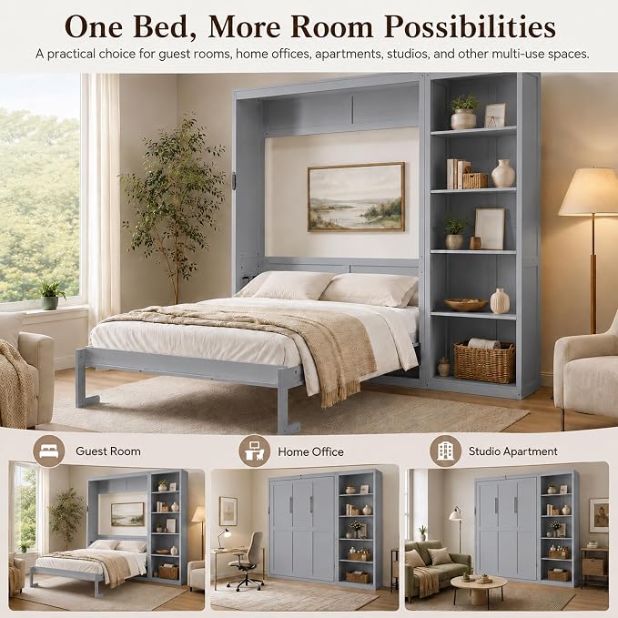 Queen Murphy Bed Cabinet with Storage, Wall Bed with Five-Layer Cabinet, Murphy Cabinet Hidden Bed, Space Saving Cabinet Bed with Dual Piston Mechanism for Apartment, Guest Room, Office (Gray 5)