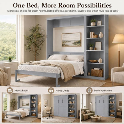 Queen Murphy Bed Cabinet with Storage, Wall Bed with Five-Layer Cabinet, Murphy Cabinet Hidden Bed, Space Saving Cabinet Bed with Dual Piston Mechanism for Apartment, Guest Room, Office (Gray 5)