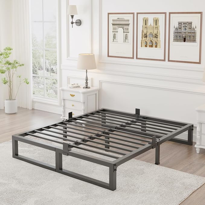 Yitong Angel 10 inch King Size Bed Frame Low Profile Metal Platform Frames with Mattress Slide Stopper,Heavy Steel Slats Support,No Box Spring Needed,Noise Free,Non-Slip,Easy Assembly