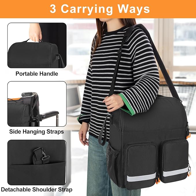 samdew Large Wheelchair Bag to Hang on Back, Wheelchair Accessories Backpack for Adult & Senior, Wheelchair Pouch with Medicine Storage Insulation Pocket & Shoulder Strap, Bag Only