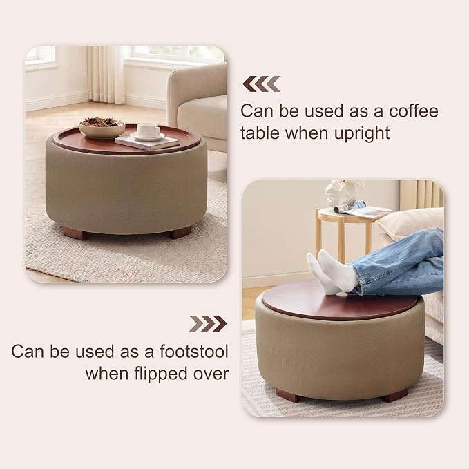 29.1 Inch Round Ottoman Coffee Table, Ottoman with Storage, Boucle Camel | Storage Ottoman with Removable Lid Top, Solid Wood Legs, Round Ottoman for Living Room, Bedroom, Apartments