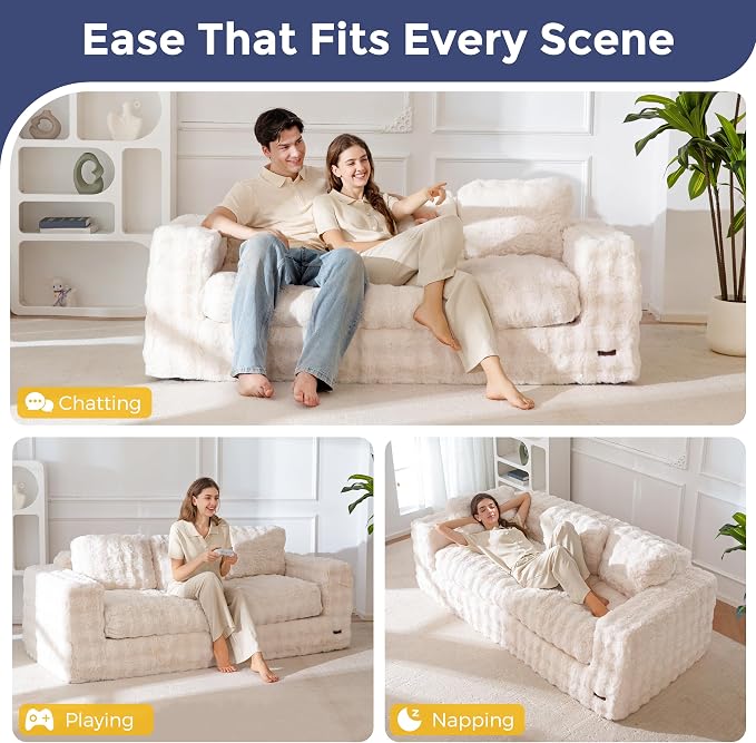 MAXYOYO 3 Seater Sofa for Living Room, Tufted Boneless Couch Bubbled Sofa Couch, Comfy Bean Bag Chair for Bedroom Apartment, No Assembly Needed, Beige